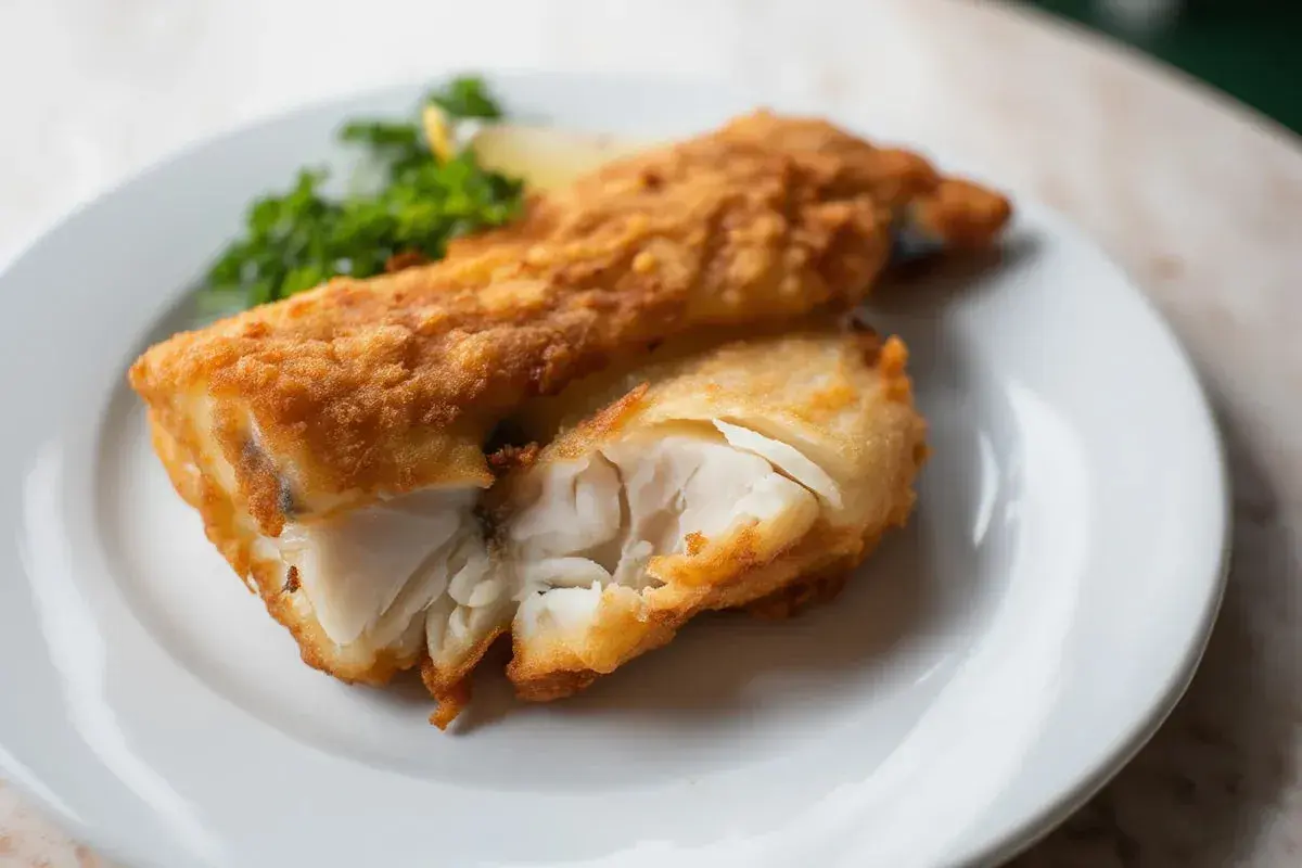 Un delicioso bacalao rebozado crujiente, con su interior blanco y tierno, servido con perejil y limón.