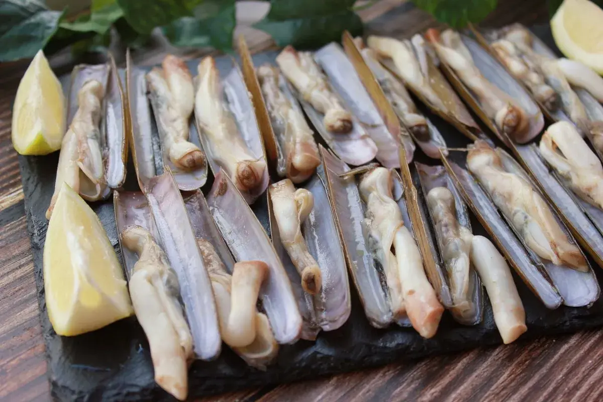 Navajas a la plancha, listas para disfrutar. Un plato de marisco fresco con toques de limón.