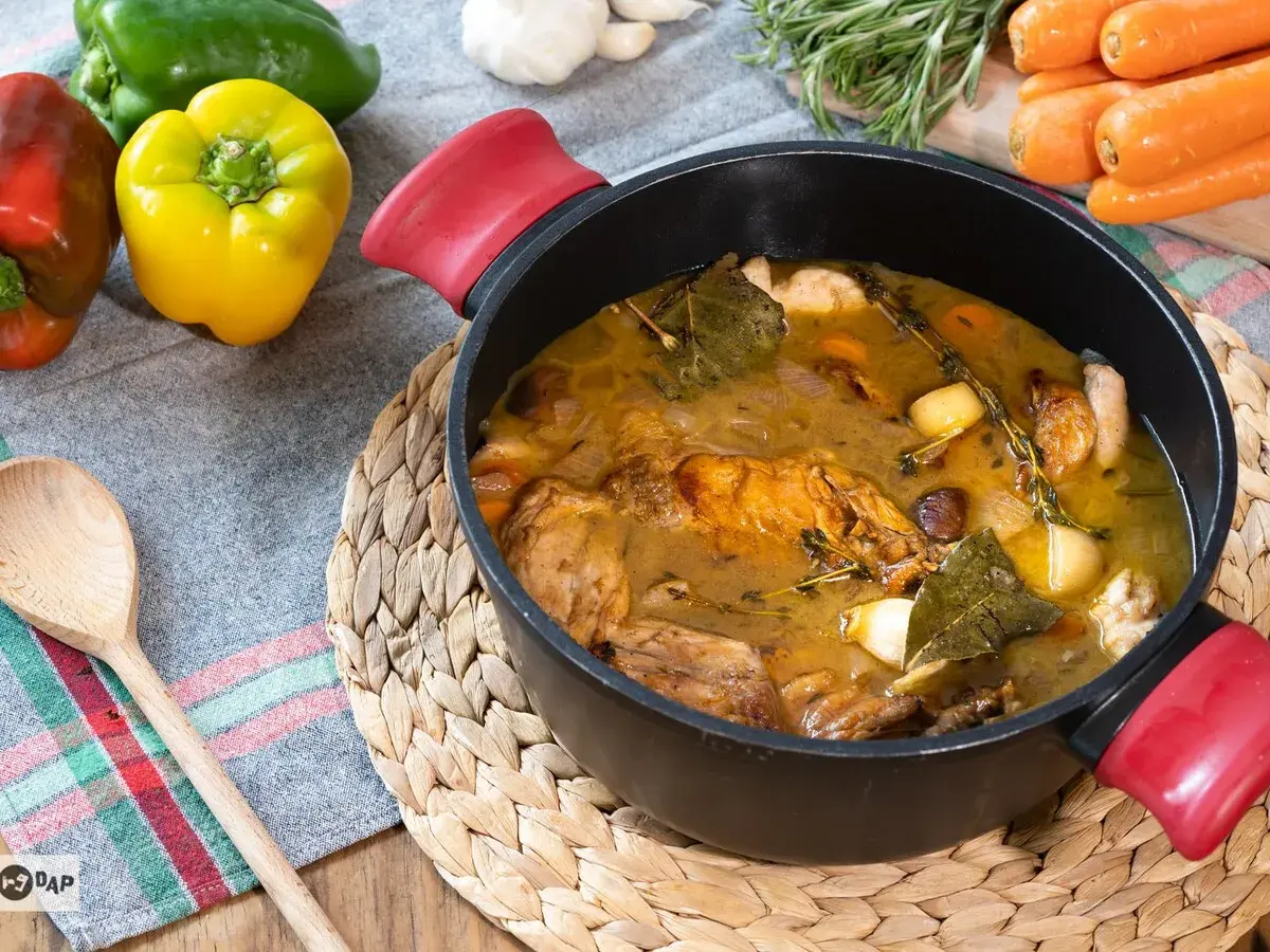 Un delicioso conejo en escabeche, cocinado a fuego lento con hierbas aromáticas y verduras.
