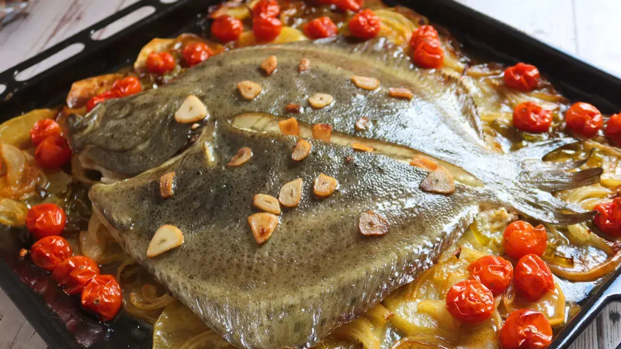 Rodaballo al horno con tomates y ajo. El tiempo perfecto para una comida deliciosa.