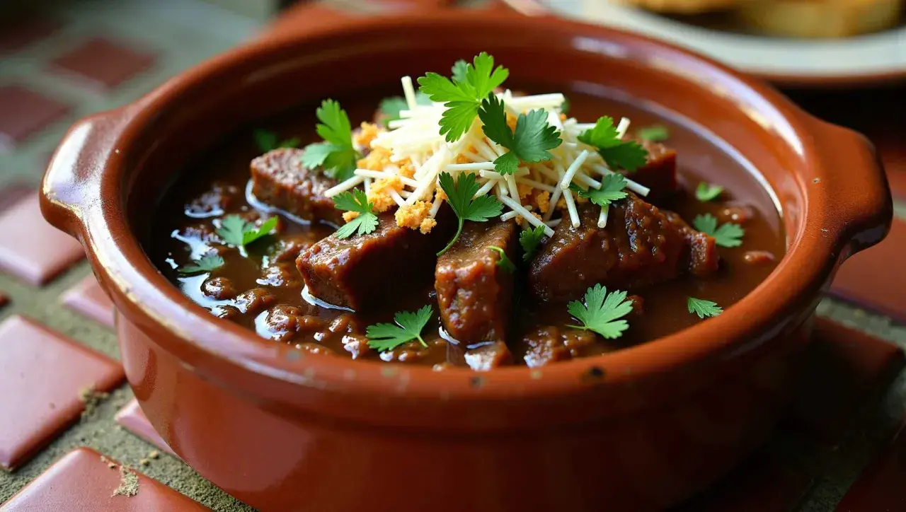 Carne guisada Arguiñano, jugosos trozos de carne en salsa oscura, decorada con perejil y queso rallado.