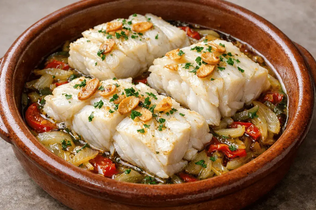 Bacalao al pil pil, un clásico de las recetas de bacalao de la abuela, servido en cazuela de barro con pimientos y ajo.