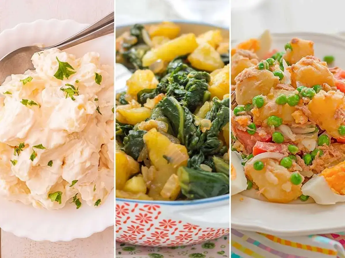 Tres deliciosas recetas con patatas cocidas: ensaladilla cremosa, patatas con espinacas y ensalada de patata con at&uacute;n y huevo.