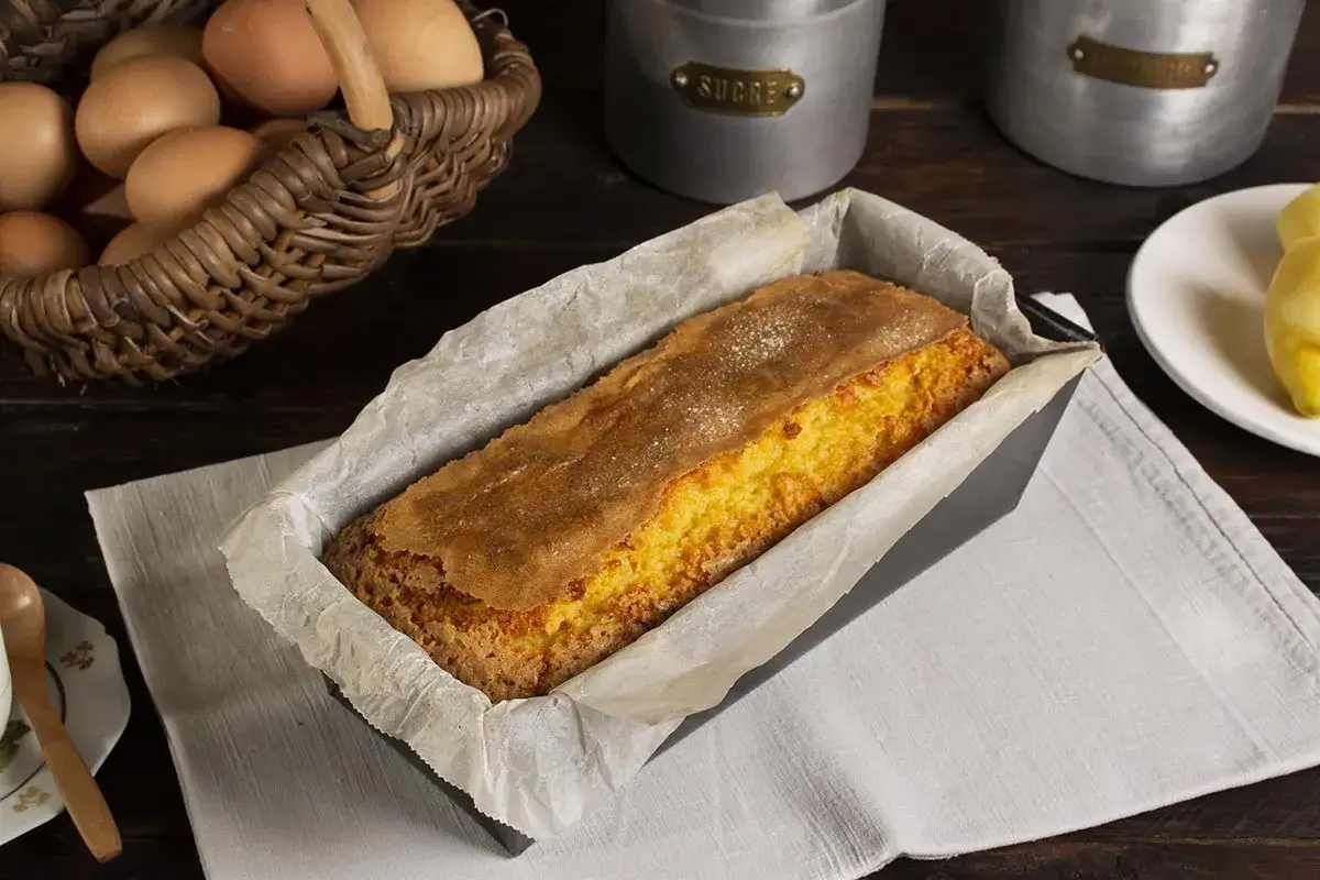 Bizcocho yogur thermomix esponjoso, dorado y listo para disfrutar. Huevos frescos y limones en la mesa sugieren un postre casero perfecto.