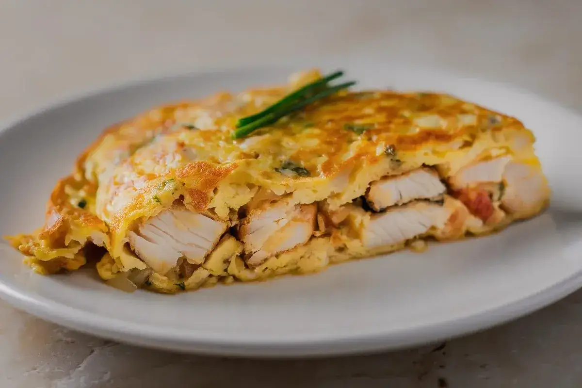 Tortilla de bacalao jugosa, con trozos de pescado blanco envueltos en huevo dorado. Decorada con cebollino fresco.