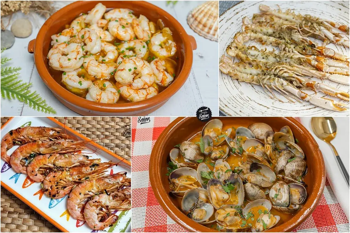 Cuatro platos de mariscos: gambas al ajillo, cigalas a la plancha, gambones a la parrilla y almejas a la marinera.