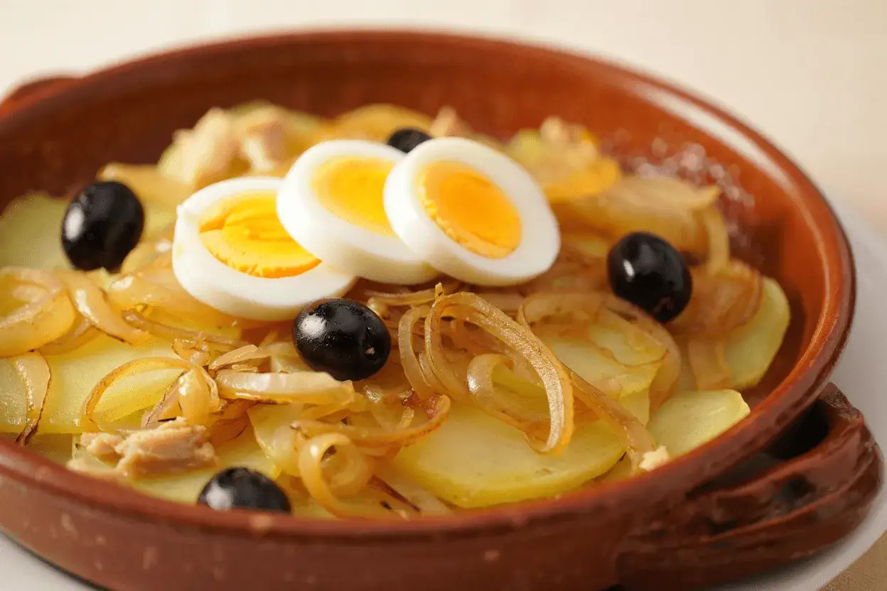 Bacalao a la portuguesa: patatas, cebolla, aceitunas negras y huevos duros en cazuela de barro.