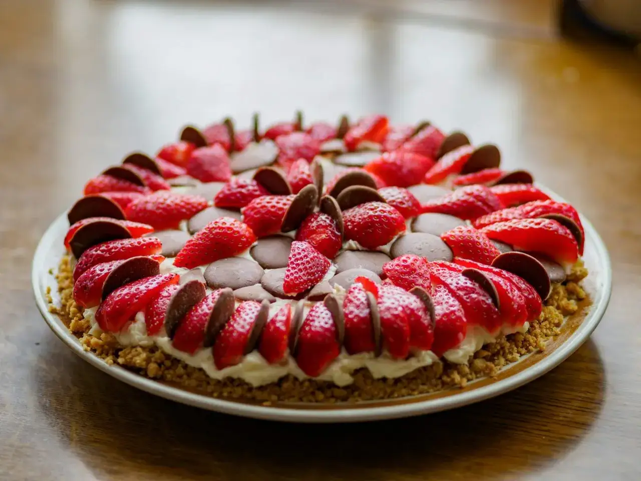 Deliciosa tarta de fresa con trozos de chocolate y una base crujiente. &iexcl;Perfecta para cualquier ocasi&oacute;n!