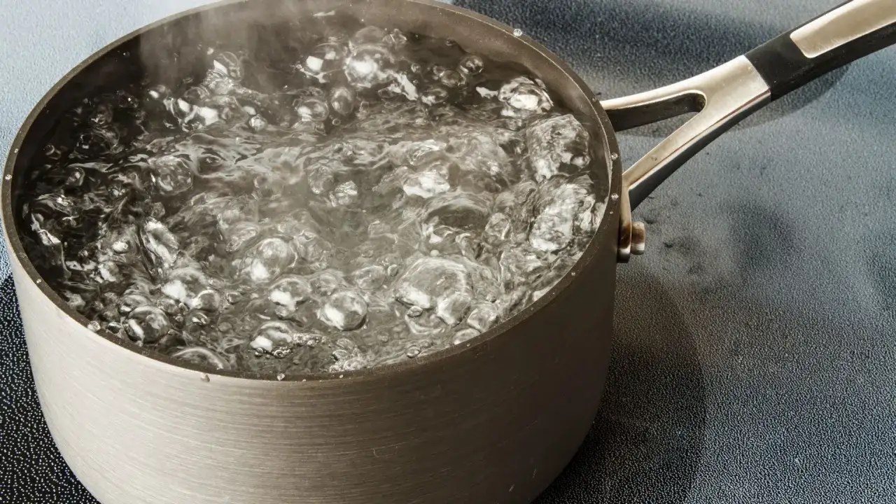 Agua hirviendo en una olla, burbujas subiendo. ¿Cuánto tarda en hervir el agua?