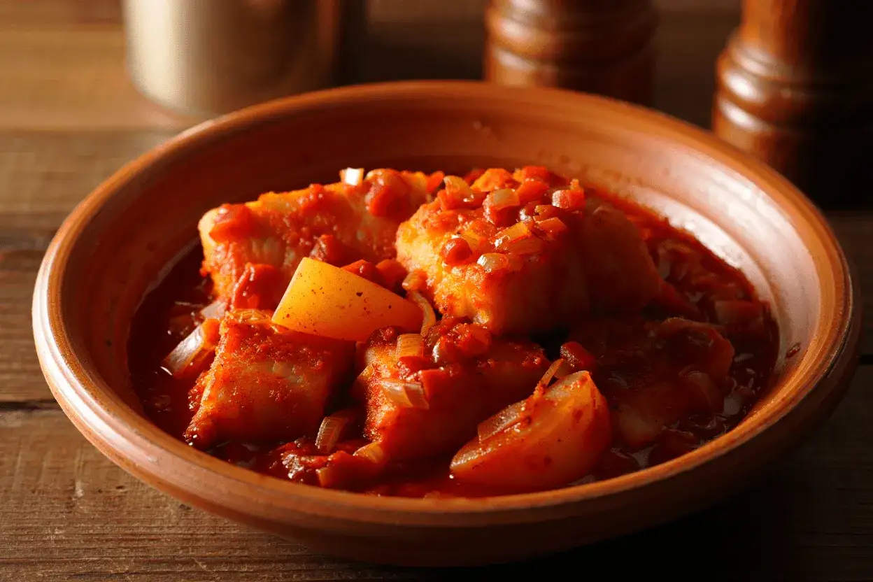 Bacalao en salsa roja con patatas, un plato casero que evoca las recetas de bacalao de la abuela.