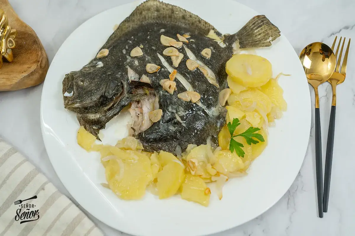 Rodaballo al horno con patatas y ajo, un plato que evoca la cocina de Arzak.