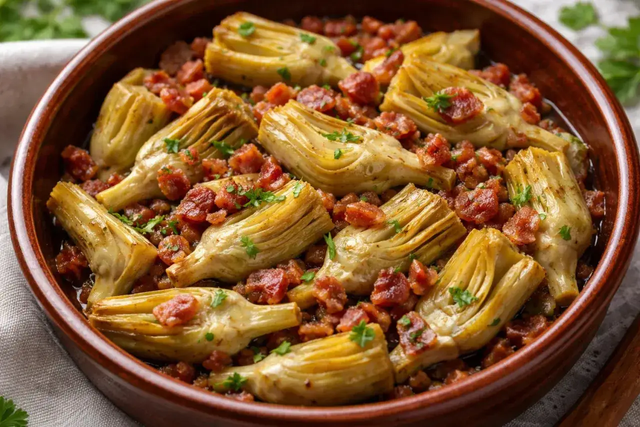 Alcachofas tiernas con trocitos de jam&oacute;n, un plato tradicional lleno de sabor.