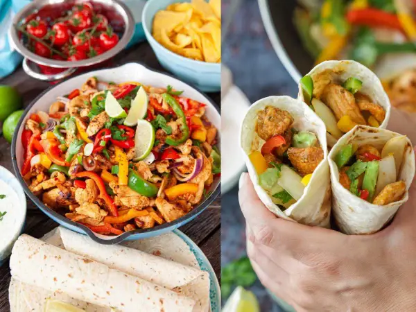 Fajitas de pollo con pimientos, cebolla y lima, listas para disfrutar en tortillas.